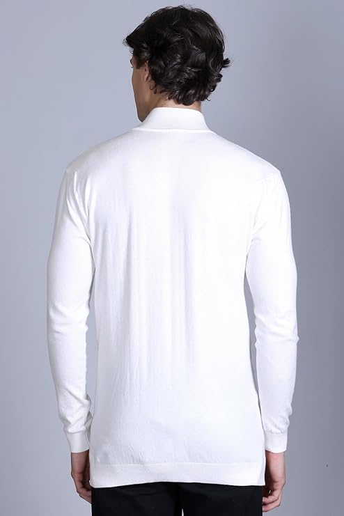Men Self Design High Neck White Sweater