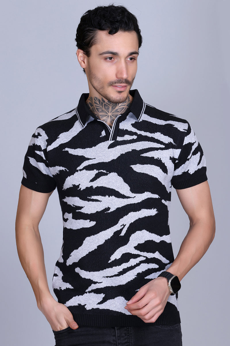 Animal Print Knitted Polo Shirt For Men