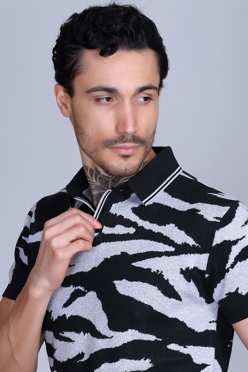 Animal Print Knitted Polo Shirt For Men
