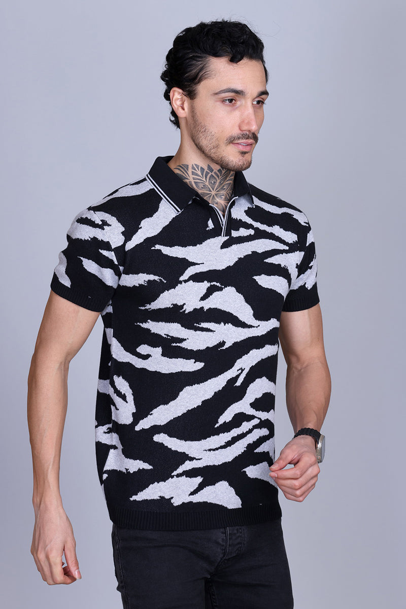 Animal Print Knitted Polo Shirt For Men