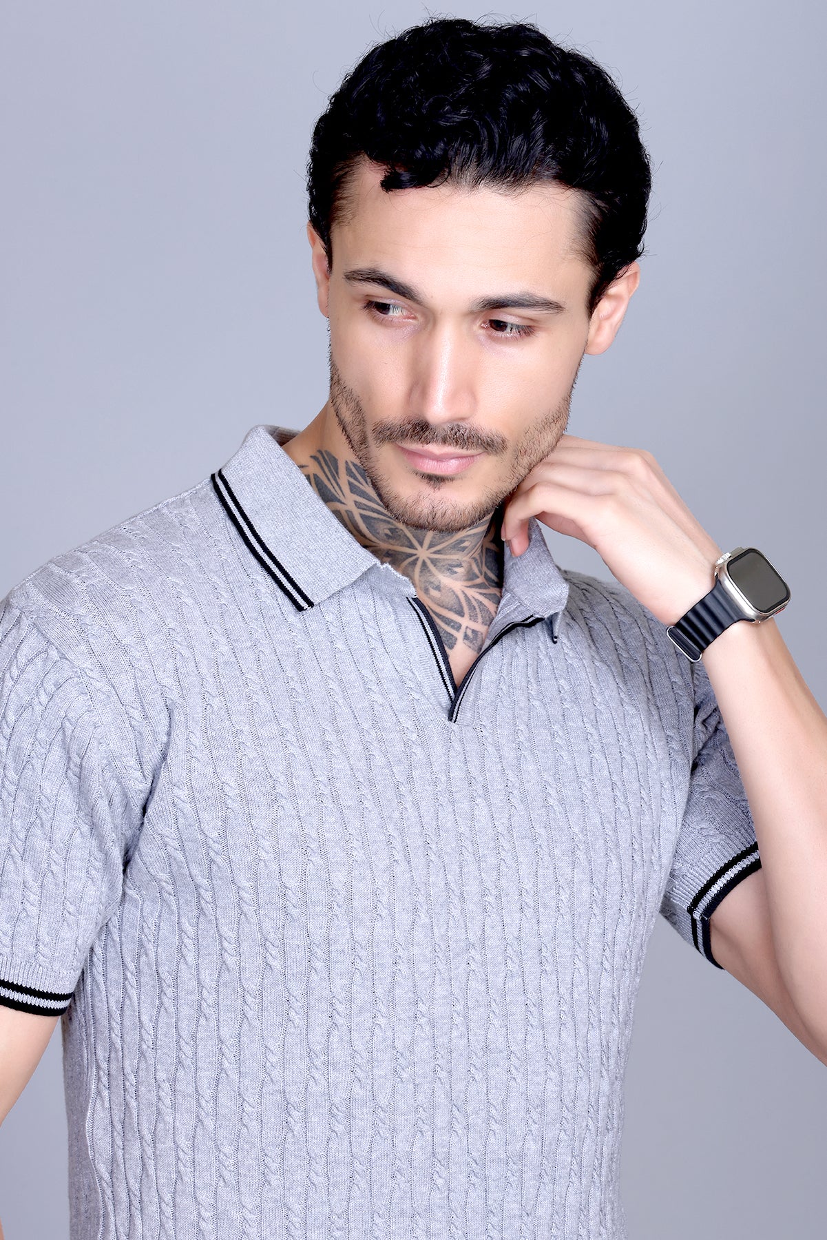 Cabe Knit Polo T-Shirt Men Light Grey
