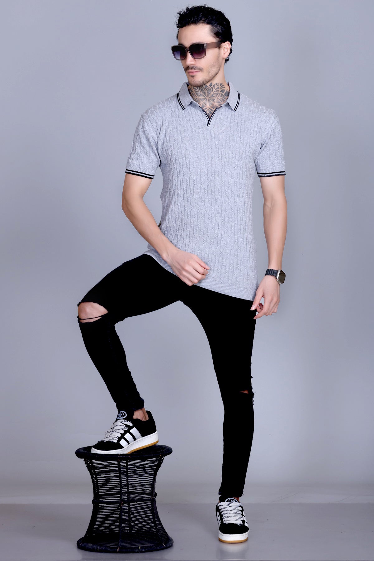 Cabe Knit Polo T-Shirt Men Light Grey