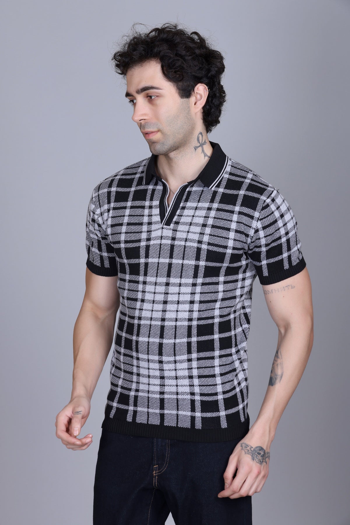 Textured Knit Polo Collar T-Shirt Check Design