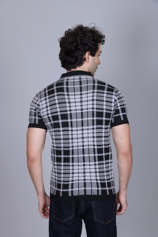 Textured Knit Polo Collar T-Shirt Check Design