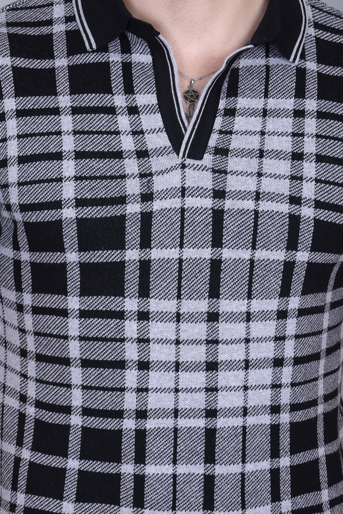 Textured Knit Polo Collar T-Shirt Check Design