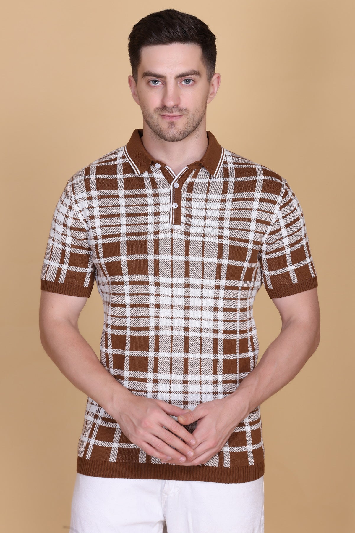 Textured Knit Polo Collar T-Shirt Check Design