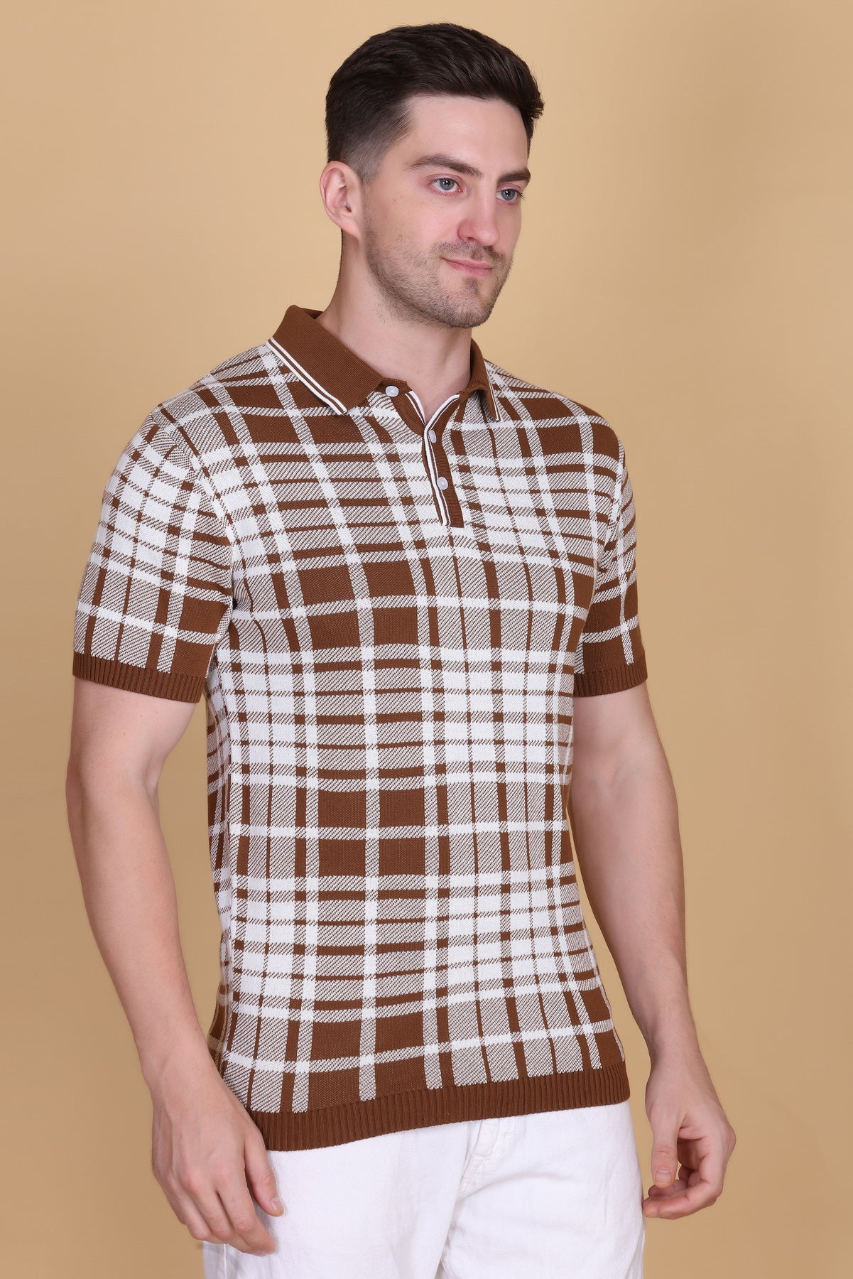 Textured Knit Polo Collar T-Shirt Check Design