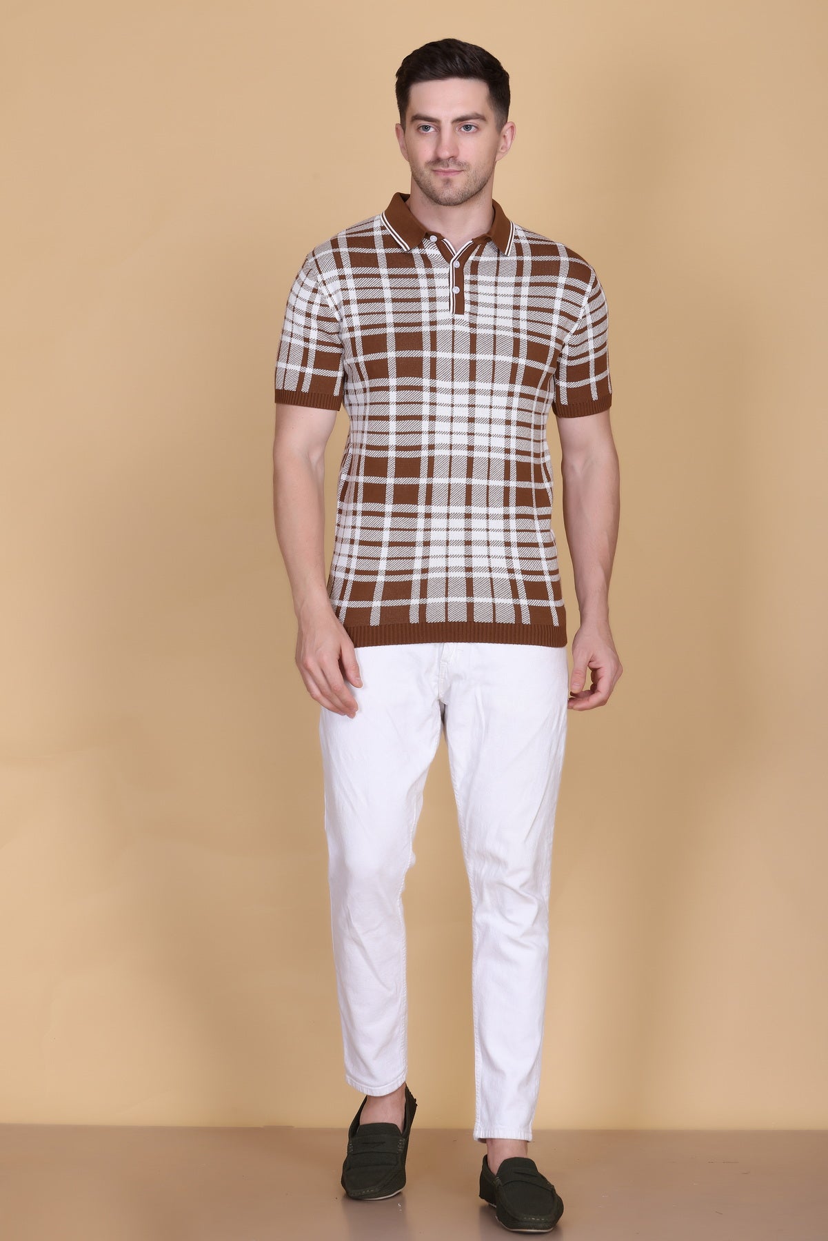 Textured Knit Polo Collar T-Shirt Check Design