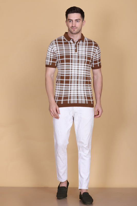 Textured Knit Polo Collar T-Shirt Check Design