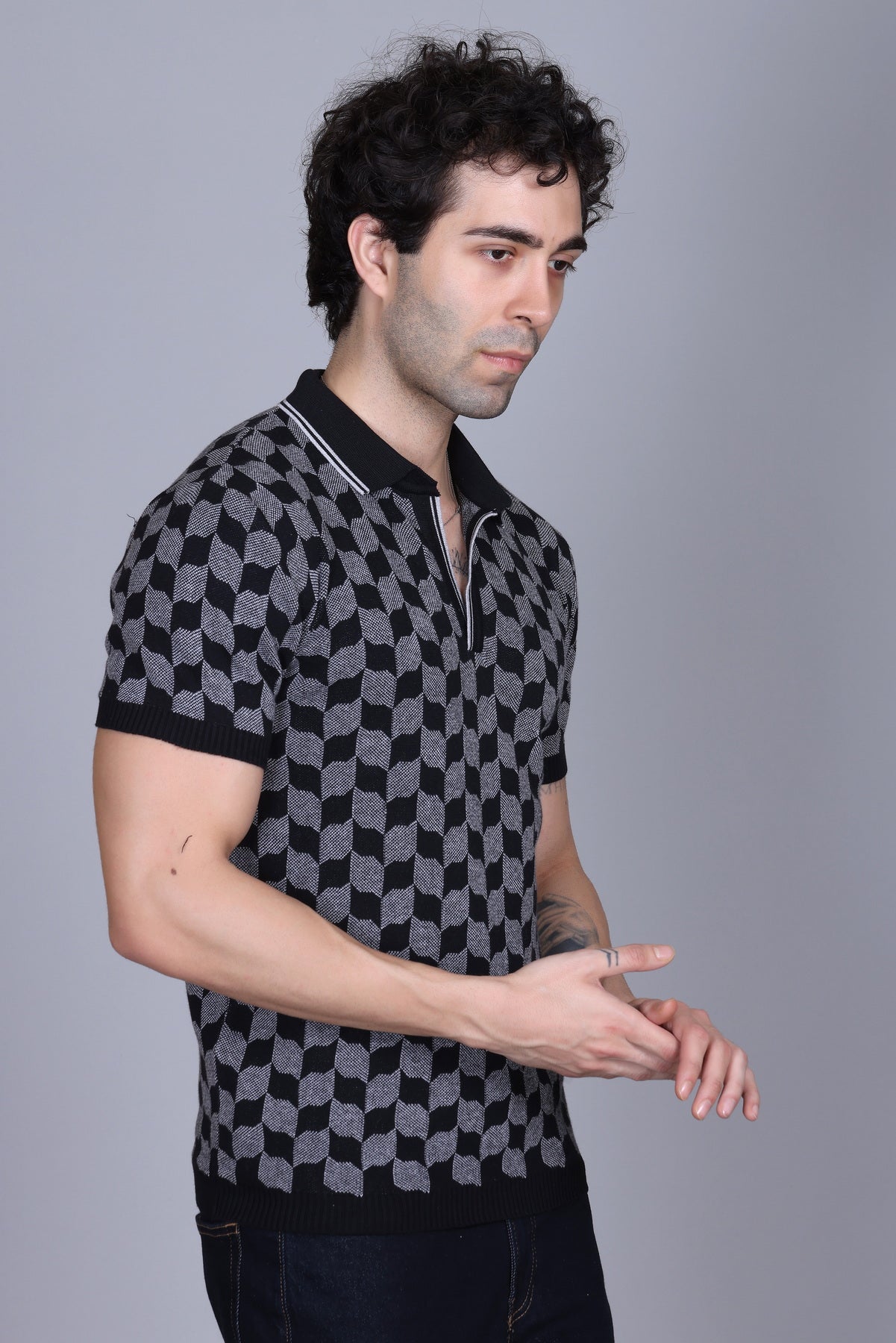 Rib Knit Polo Check Design