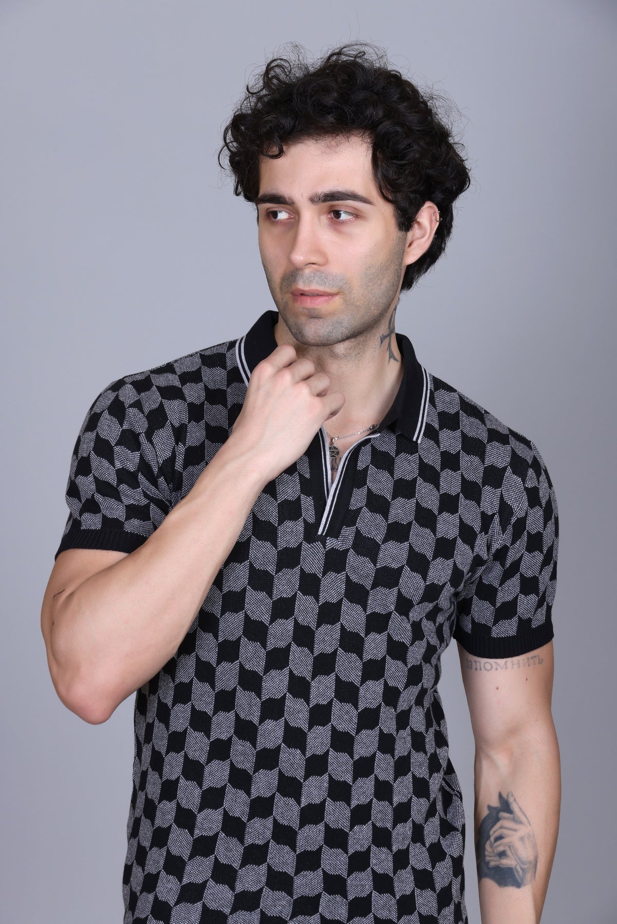 Rib Knit Polo Check Design