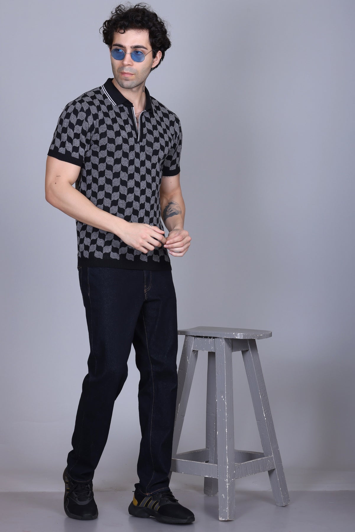 Rib Knit Polo Check Design