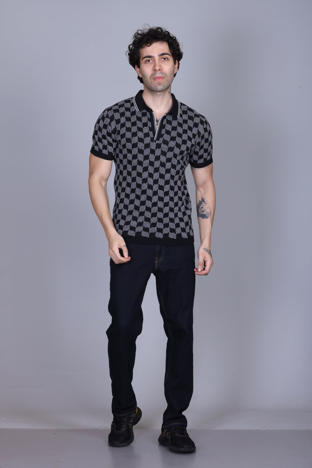 Rib Knit Polo Check Design