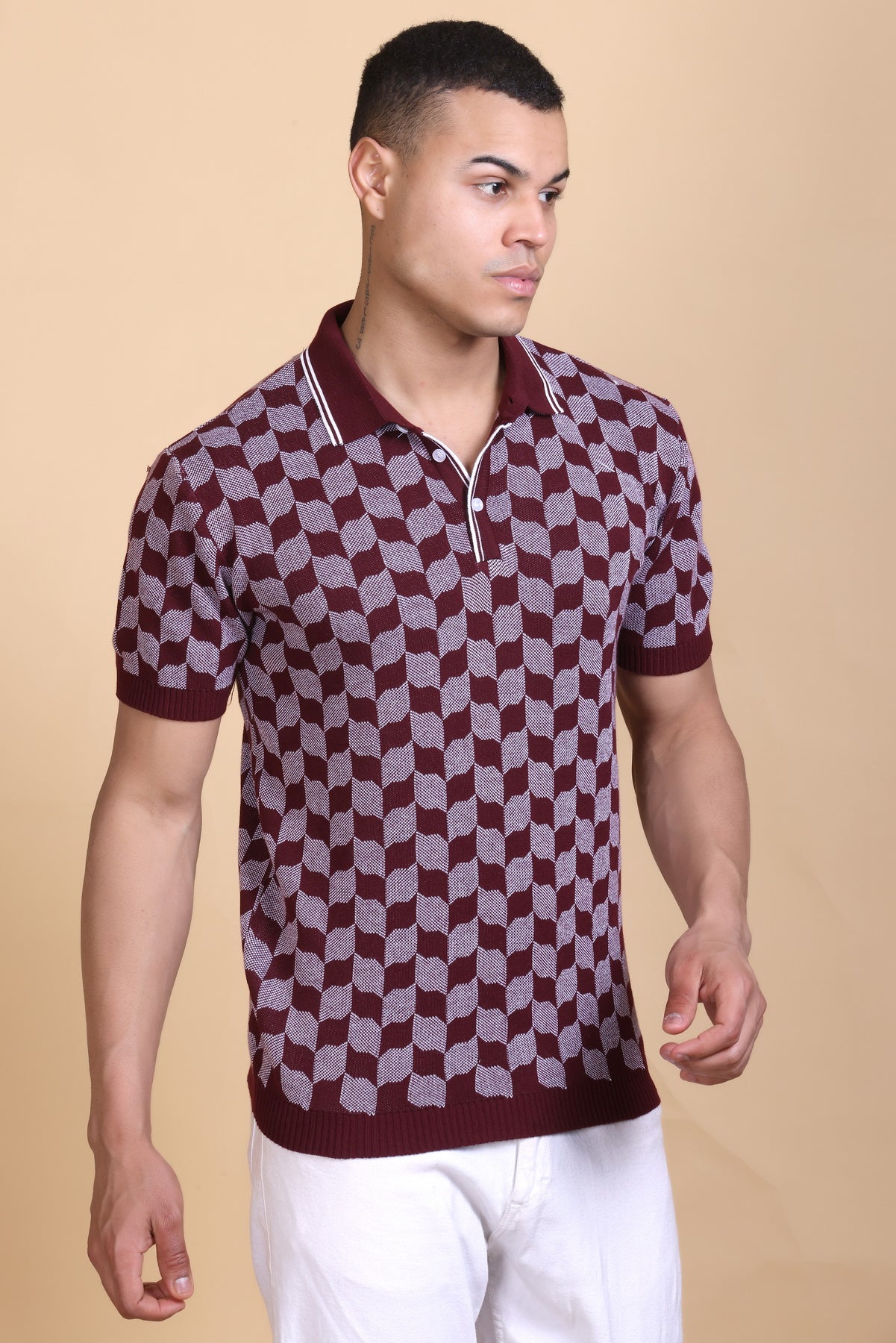 Rib Knit Polo Check Design