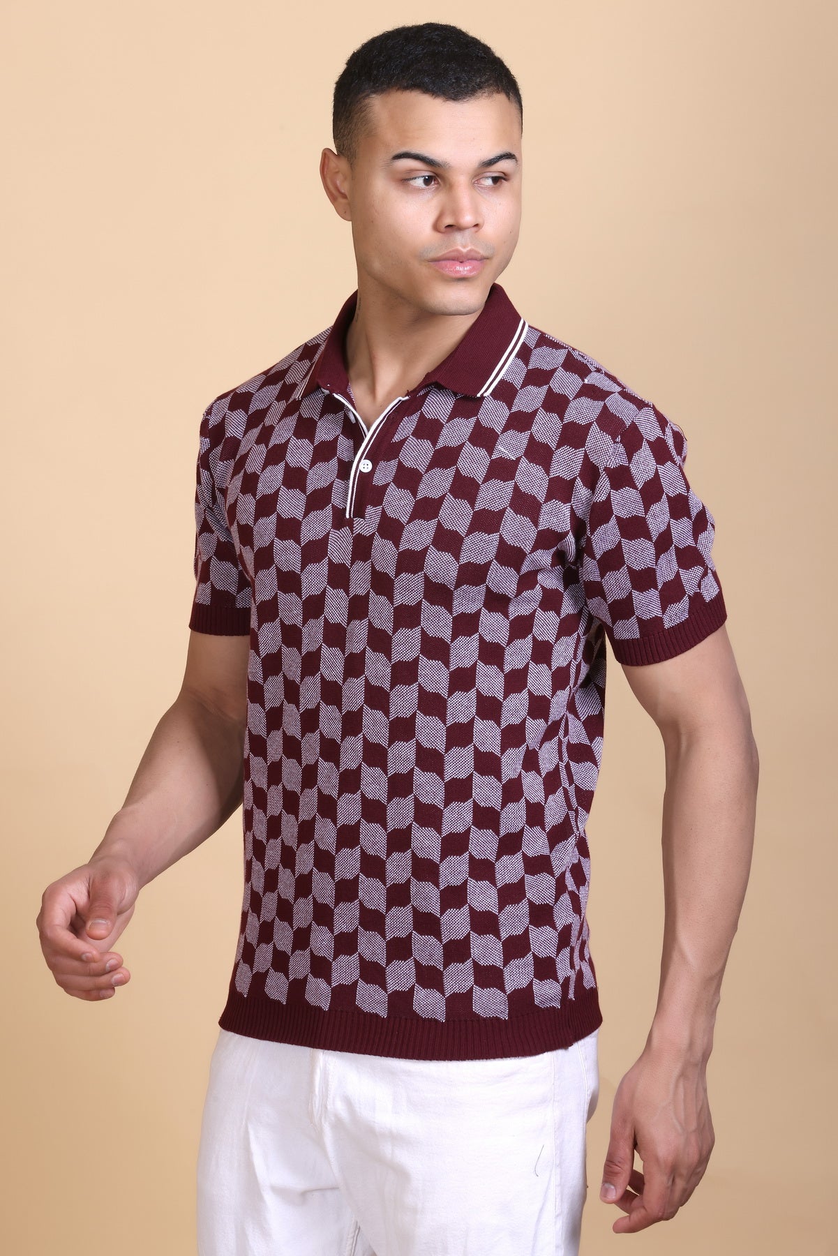 Rib Knit Polo Check Design