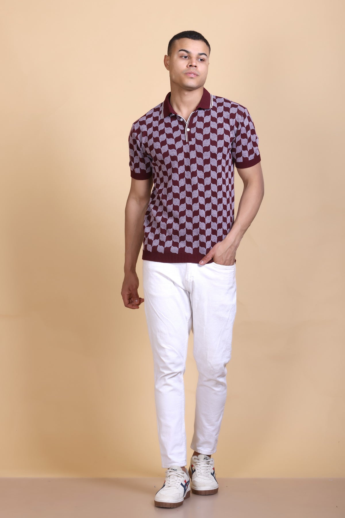 Rib Knit Polo Check Design