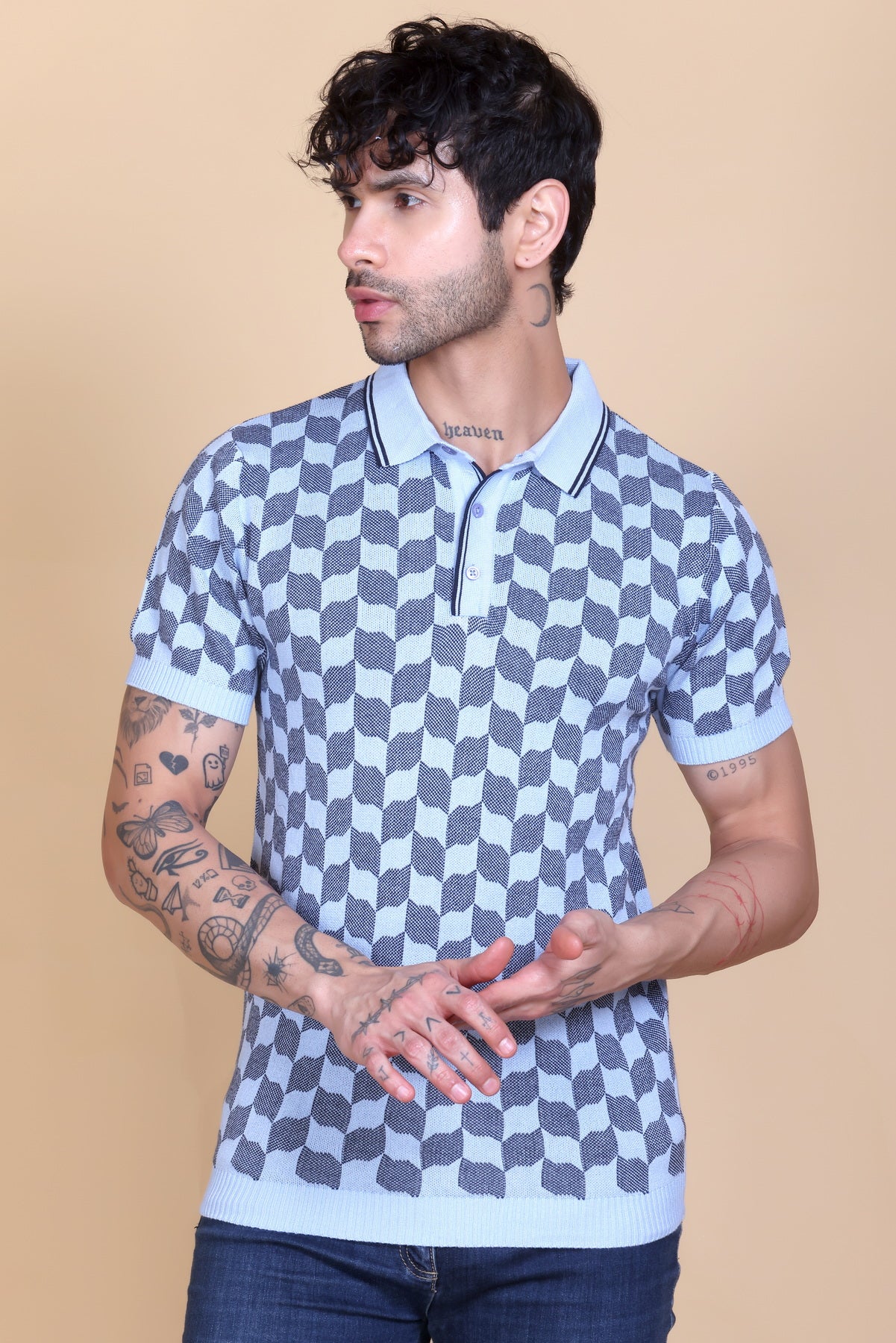 Rib Knit Polo Check Design