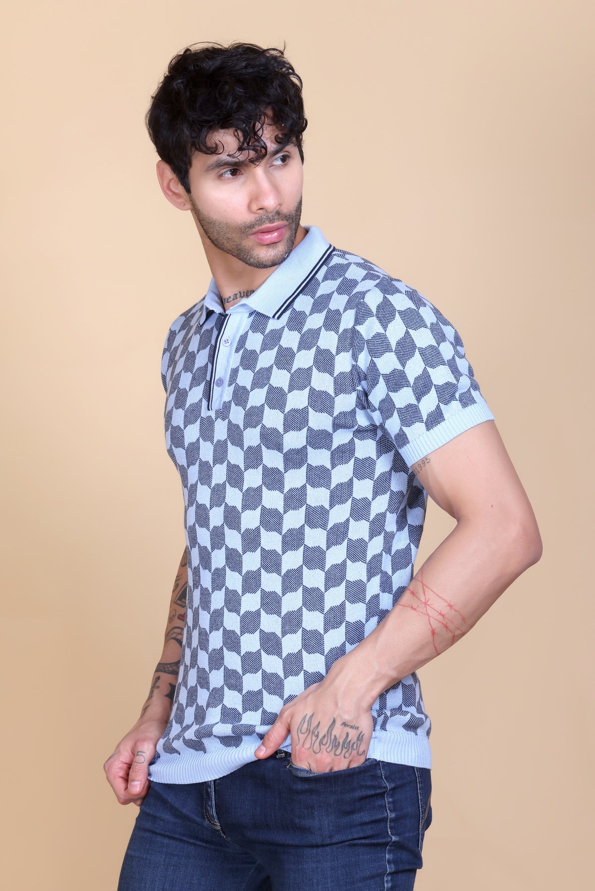 Rib Knit Polo Check Design