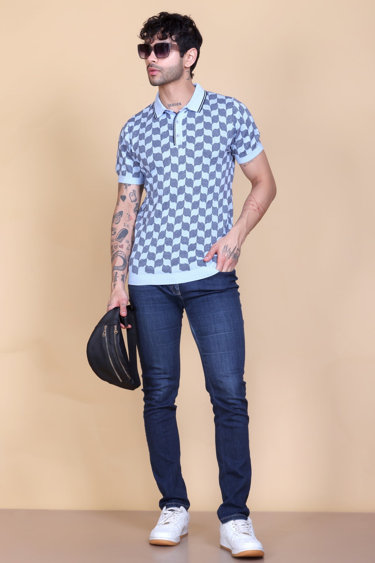 Rib Knit Polo Check Design