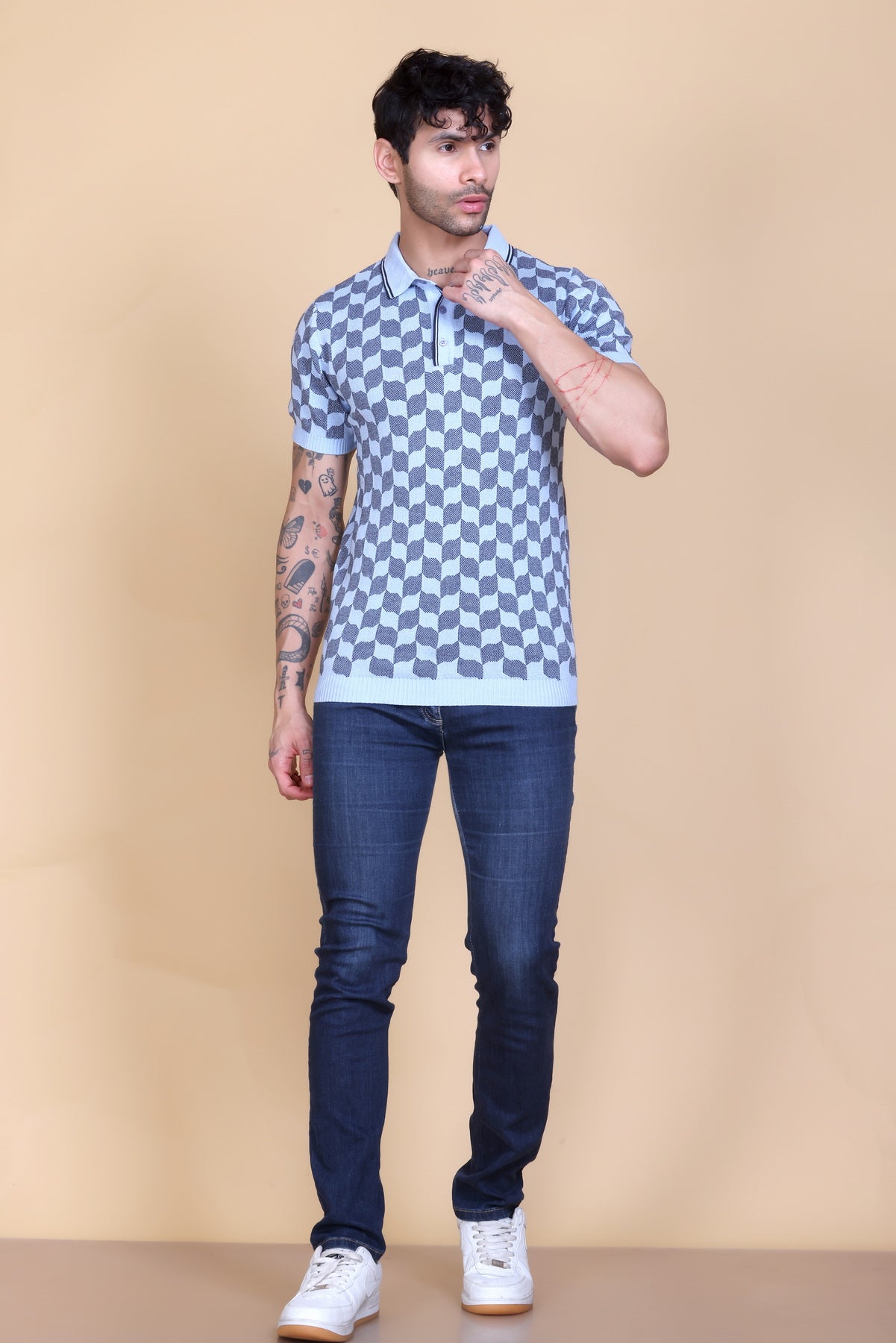 Rib Knit Polo Check Design