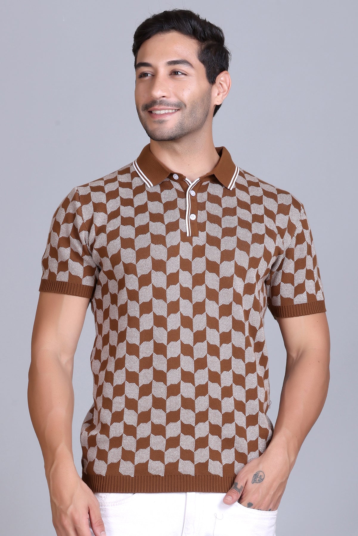 Rib Knit Polo Check Design