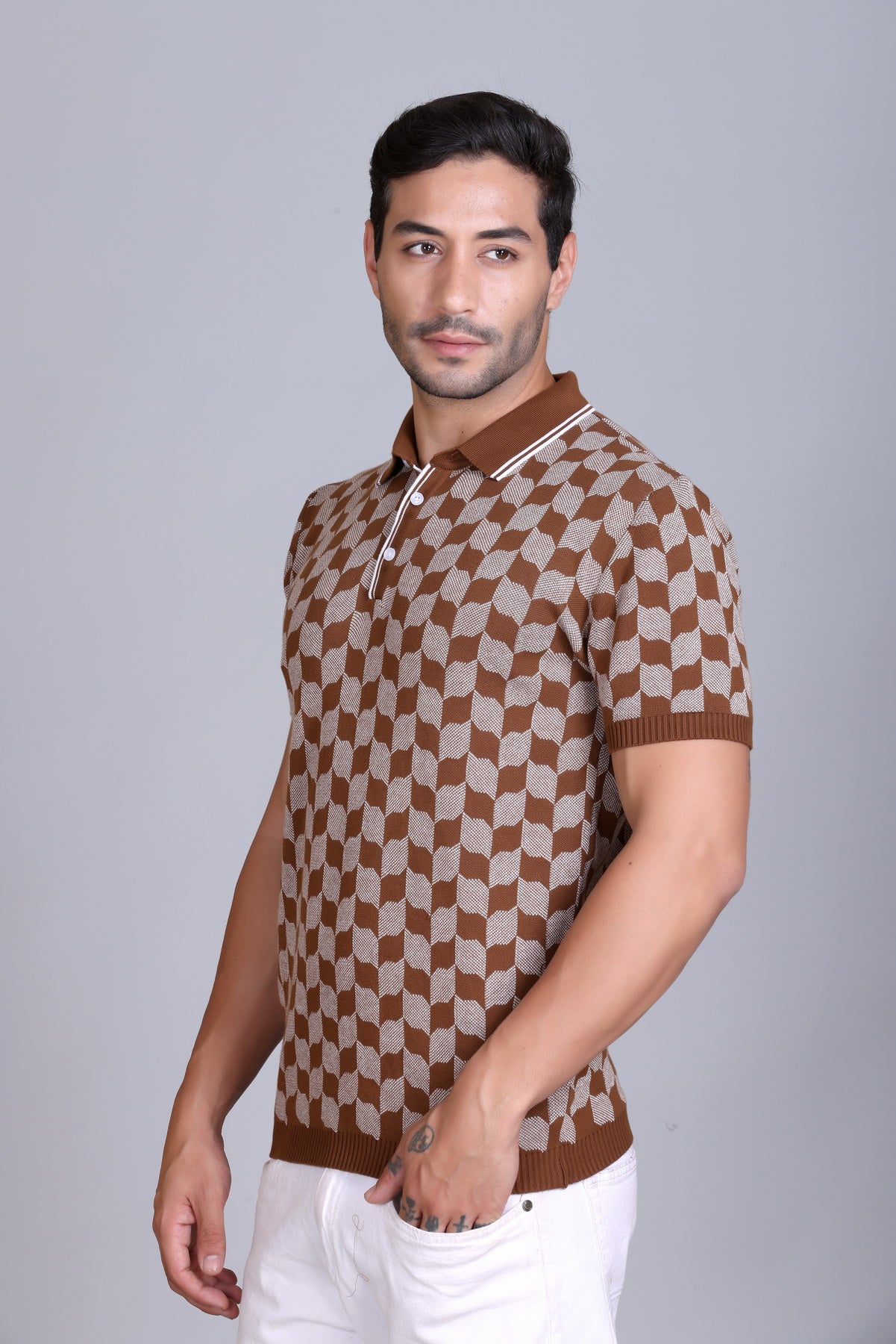 Rib Knit Polo Check Design