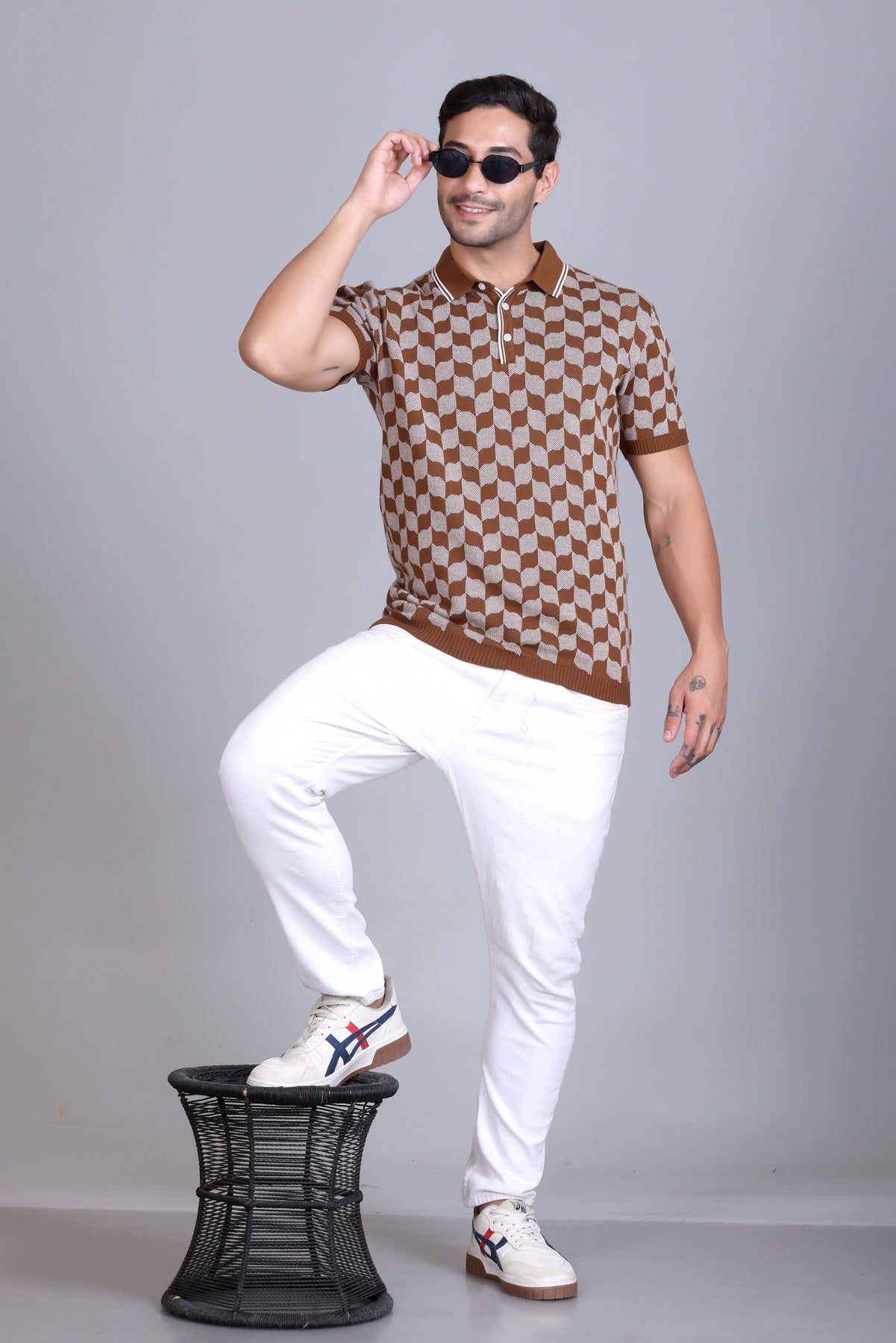 Rib Knit Polo Check Design