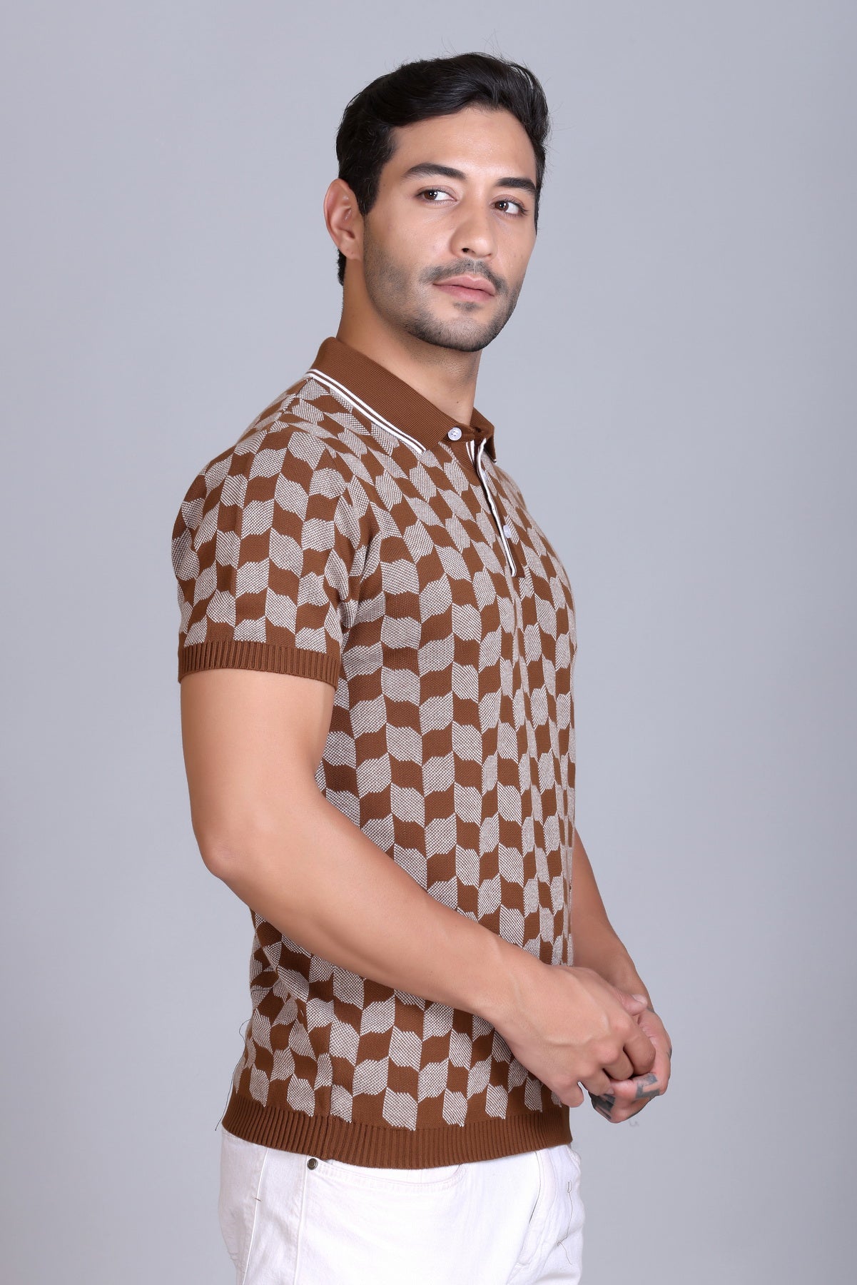 Rib Knit Polo Check Design