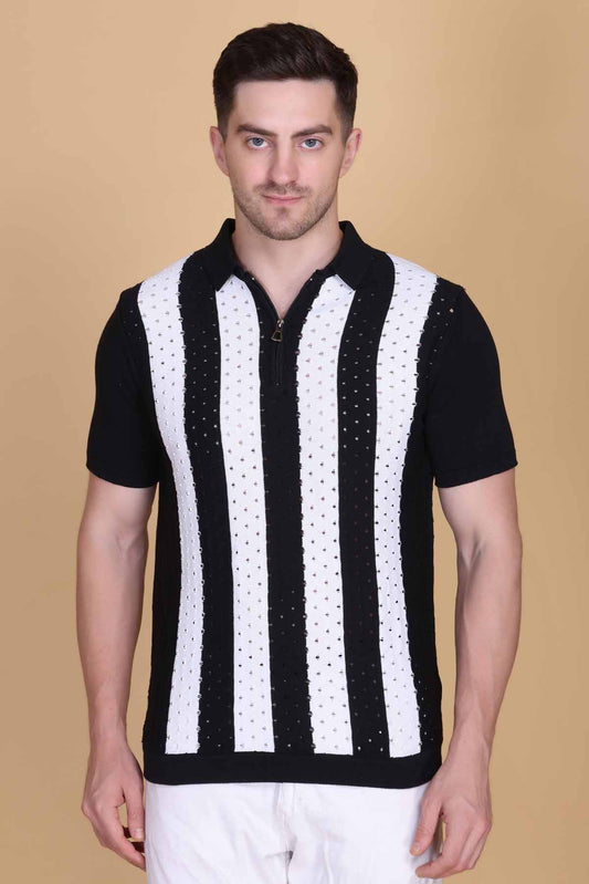 Winter Woolen Knitted Cotton Button Printed tee Black-White