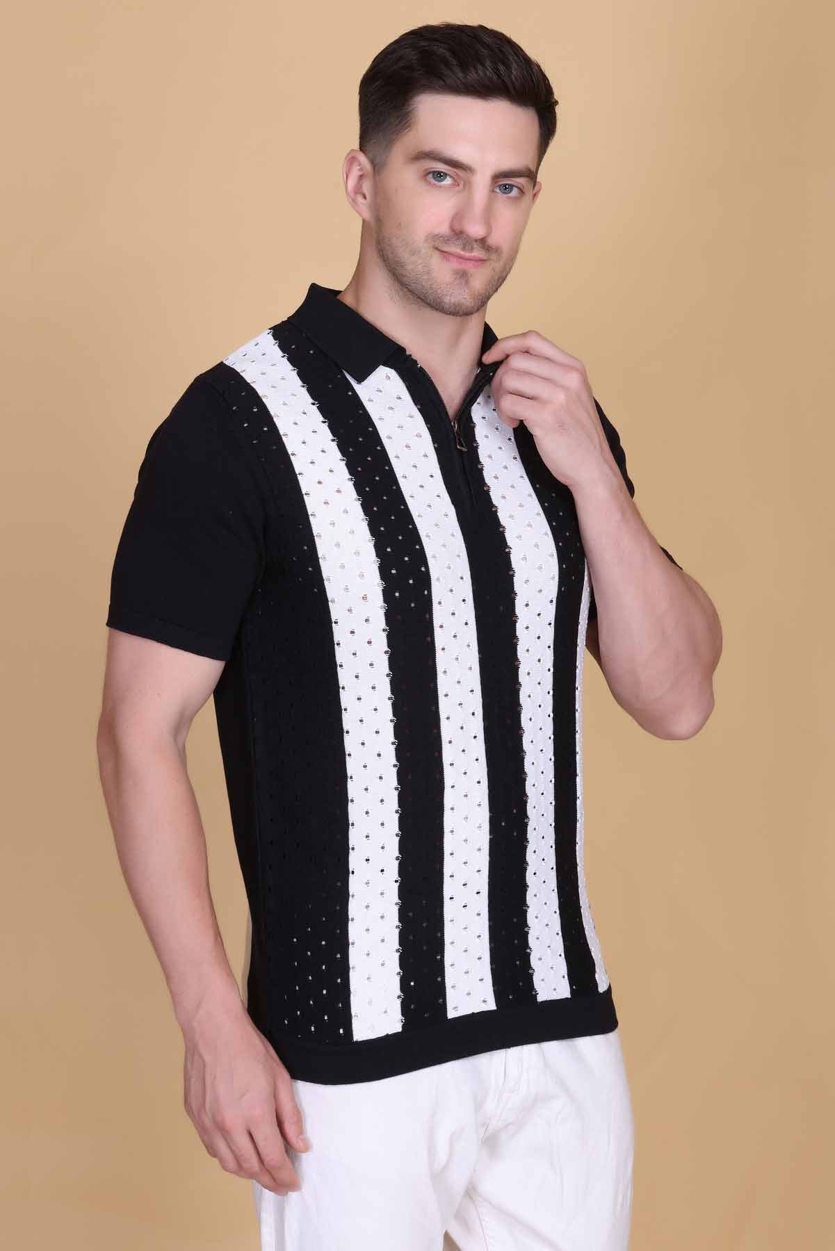 Winter Woolen Knitted Cotton Button Printed tee Black-White