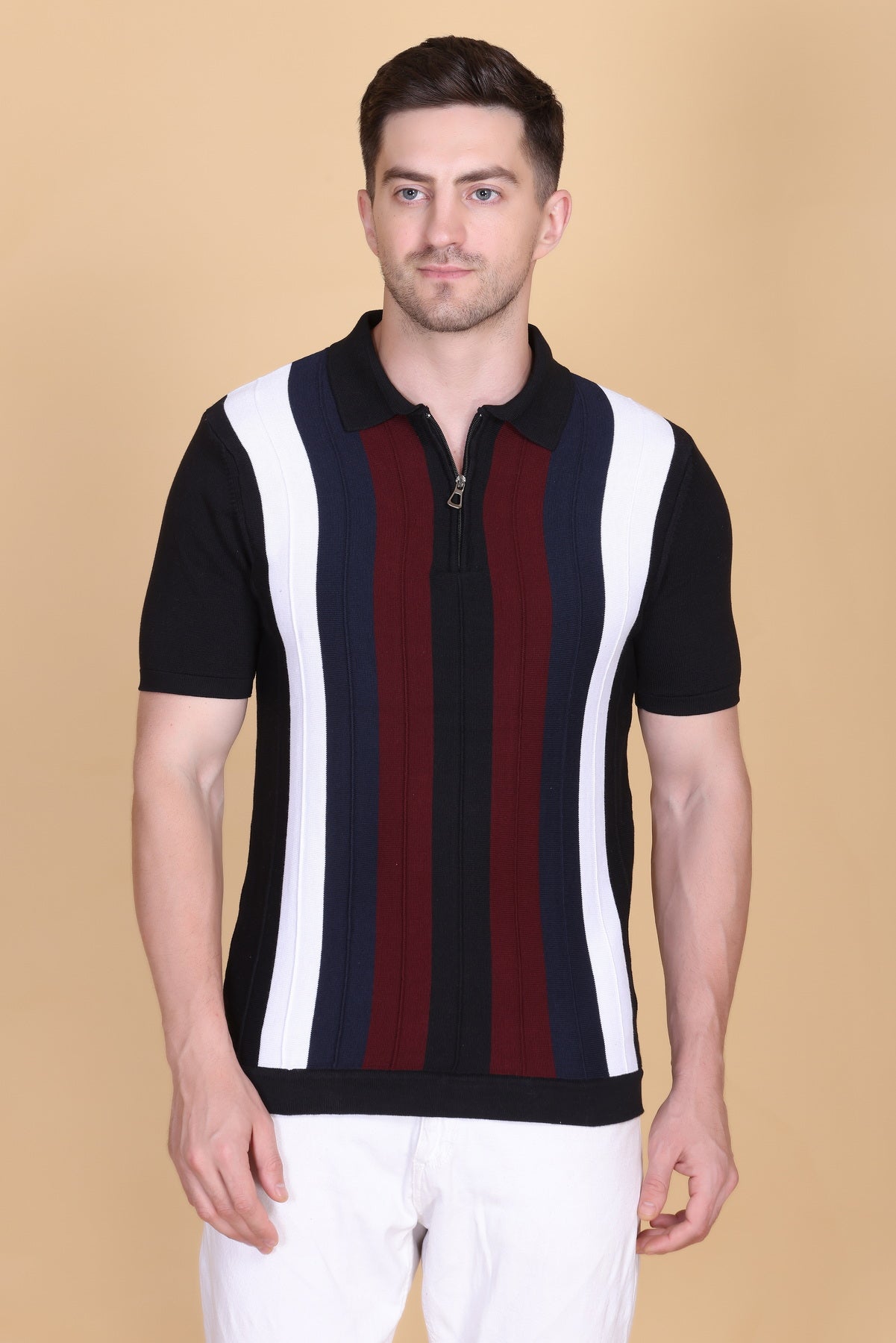 Men Striped Polo Neck Pure Cotton Black T-Shirt