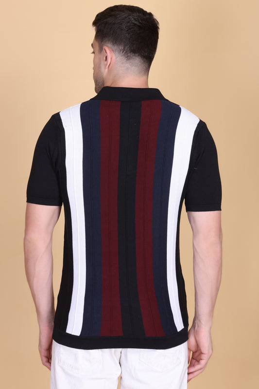 Men Striped Polo Neck Pure Cotton Black T-Shirt