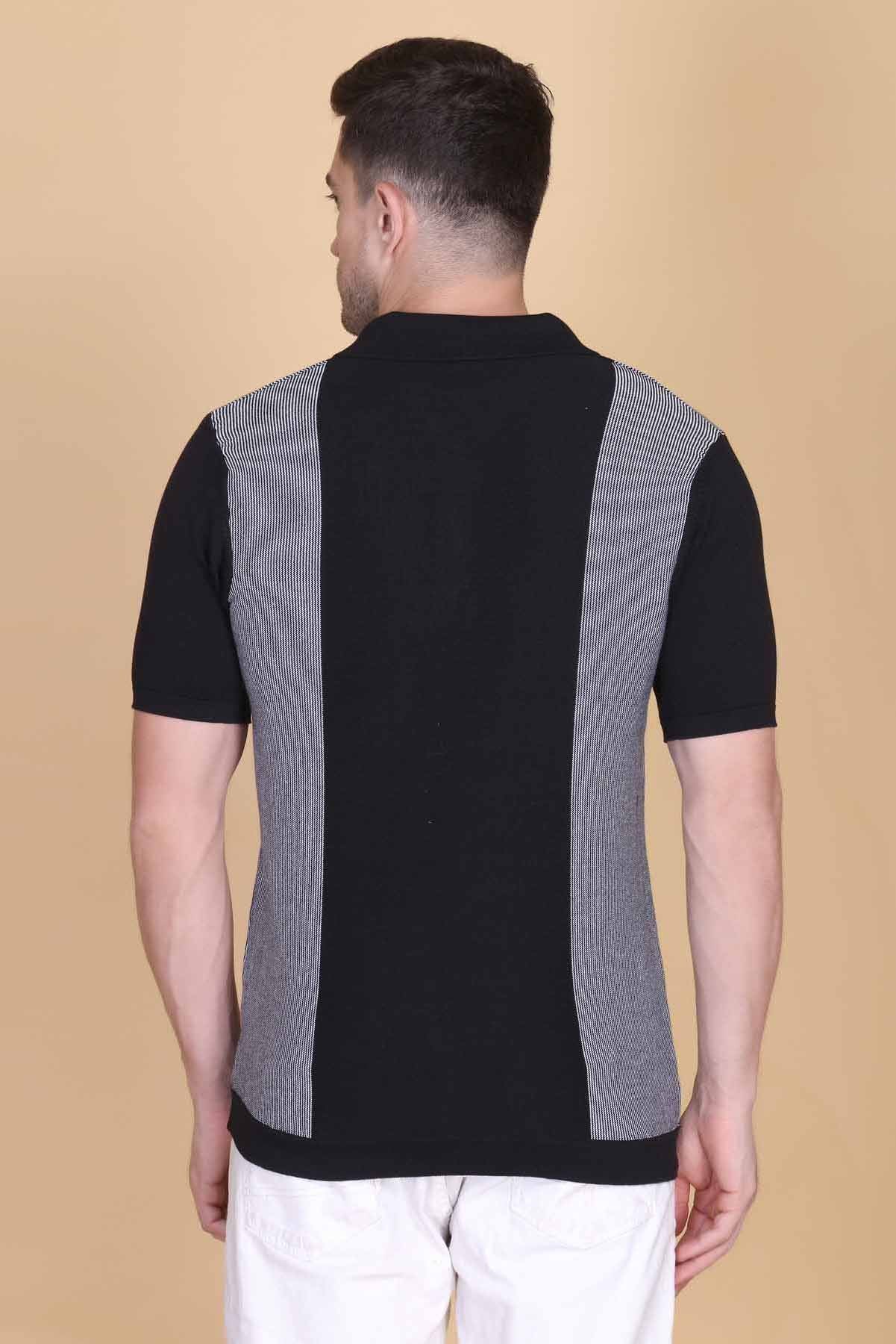Men Striped Polo Neck Pure Cotton Black T-Shirt