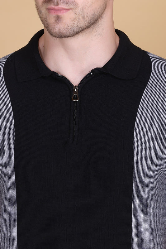 Men Striped Polo Neck Pure Cotton Black T-Shirt