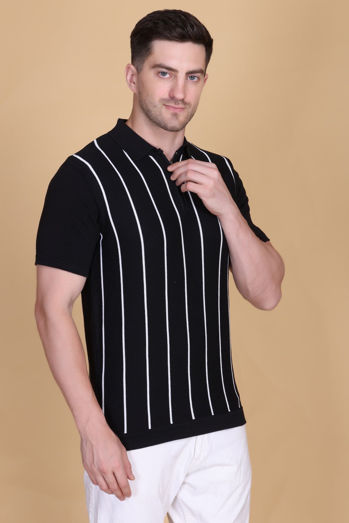 Men Striped Polo Neck Pure Cotton Black T-Shir
