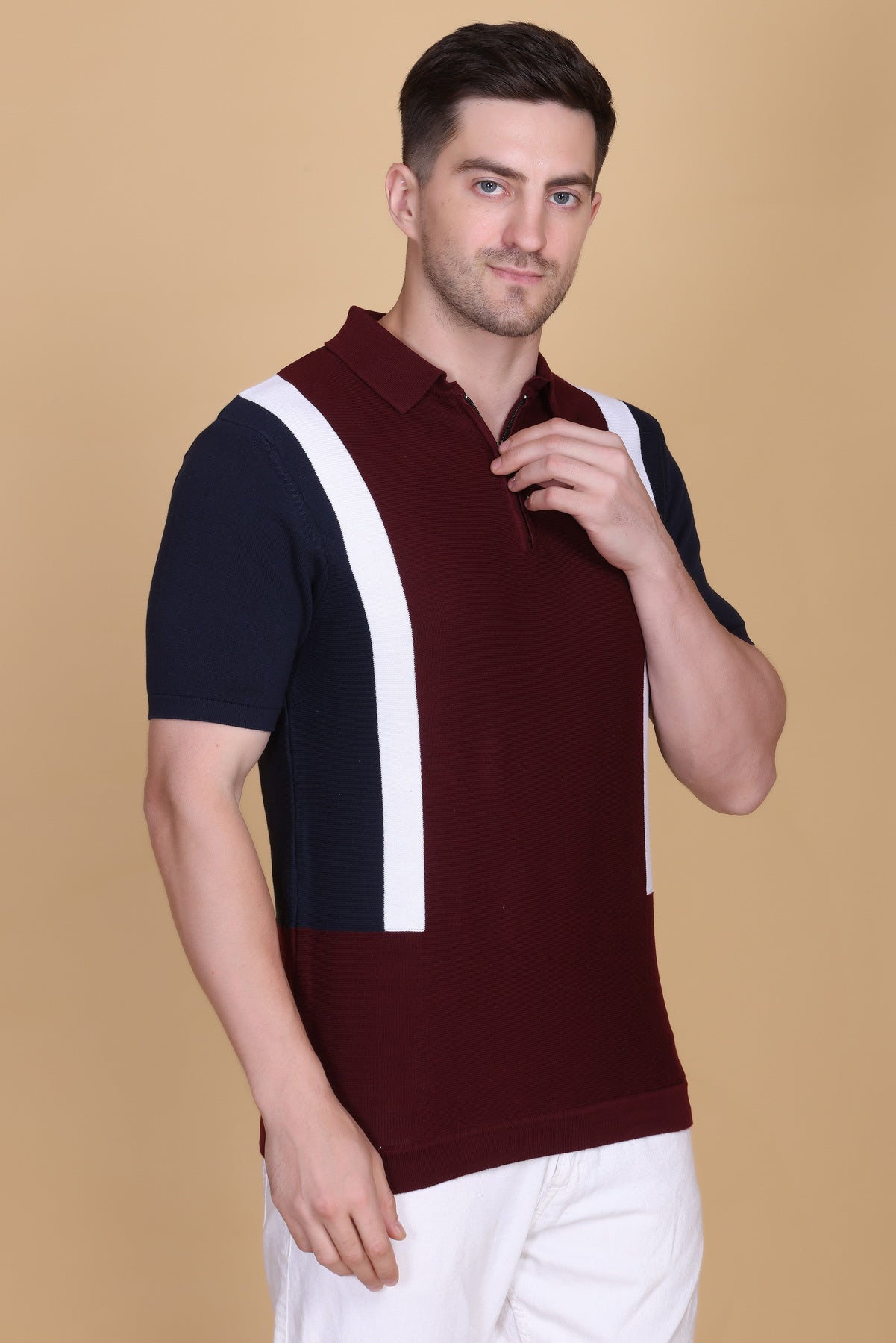 Men Striped Polo Neck Pure Cotton Maroon T-Shirt