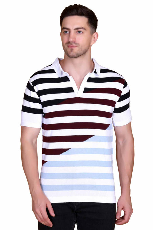 Men Striped Polo Neck Pure Cotton White T-Shirt