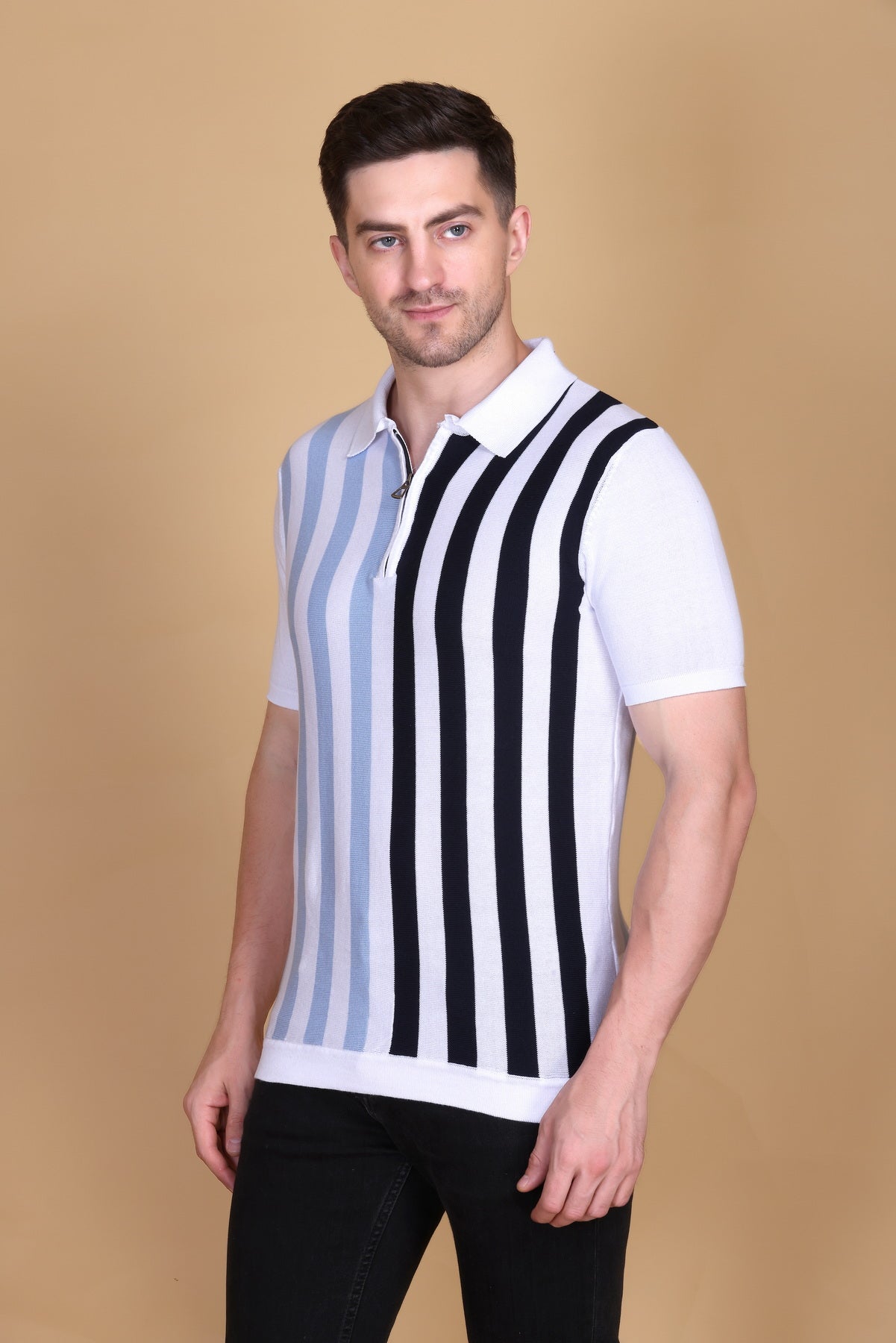 Men Striped Polo Neck Pure Cotton White T-Shirt