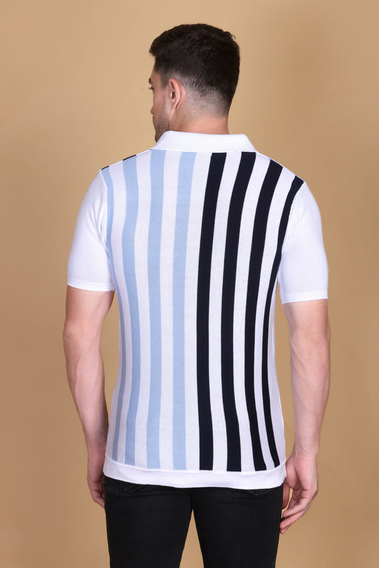 Men Striped Polo Neck Pure Cotton White T-Shirt