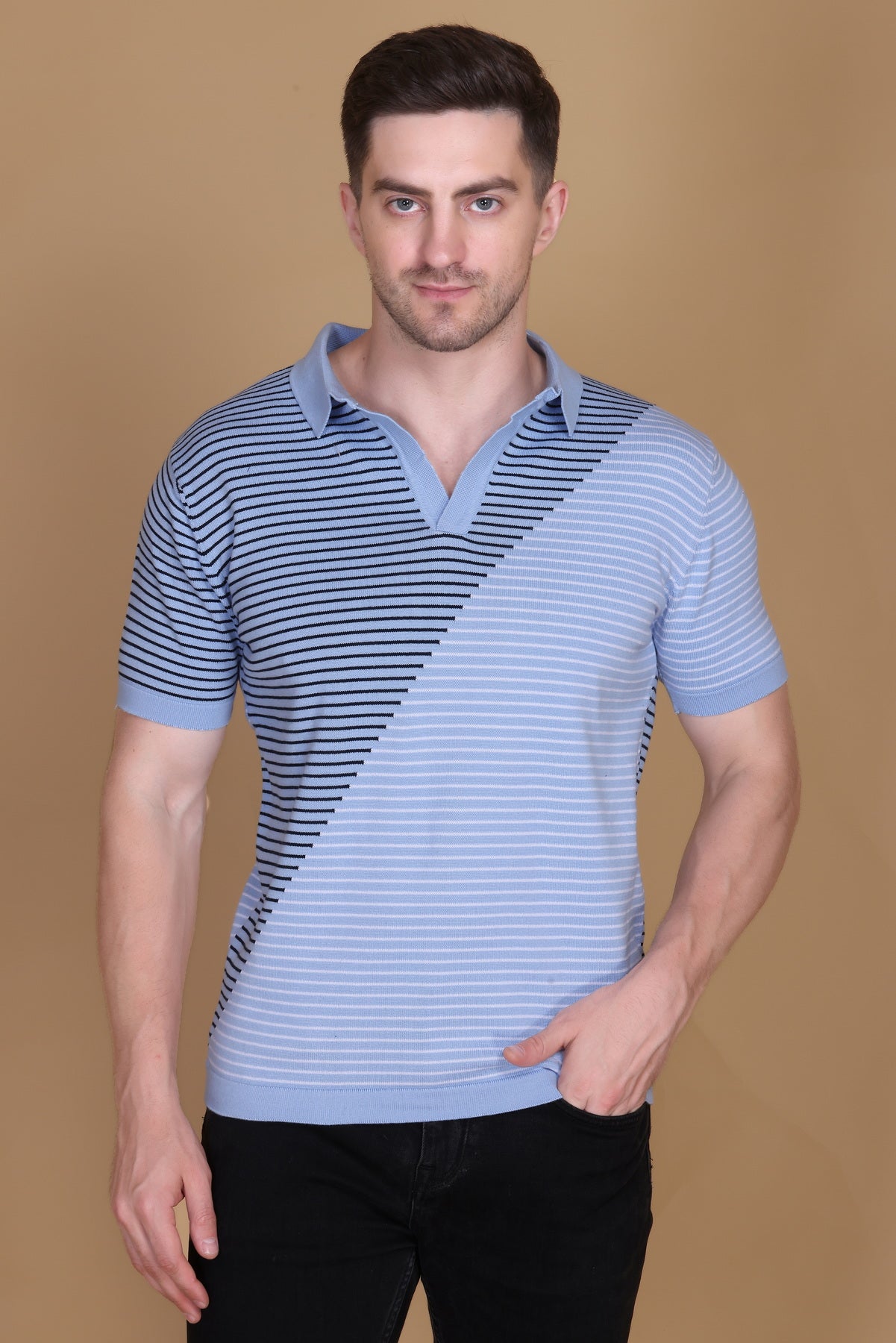 Men Colorblock Polo Neck Pure Cotton Blue T-Shirt
