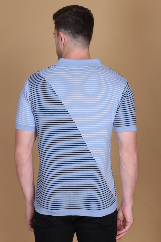 Men Colorblock Polo Neck Pure Cotton Blue T-Shirt