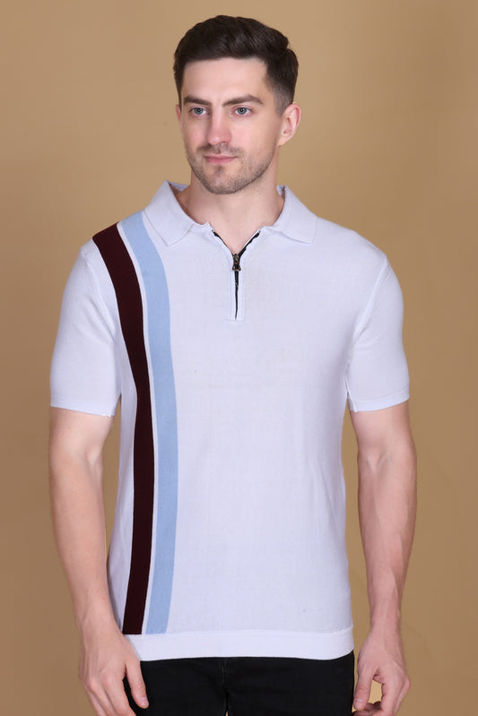 Men’s White Knit Polo T-Shirt with Contrast Zip & Side Stripes