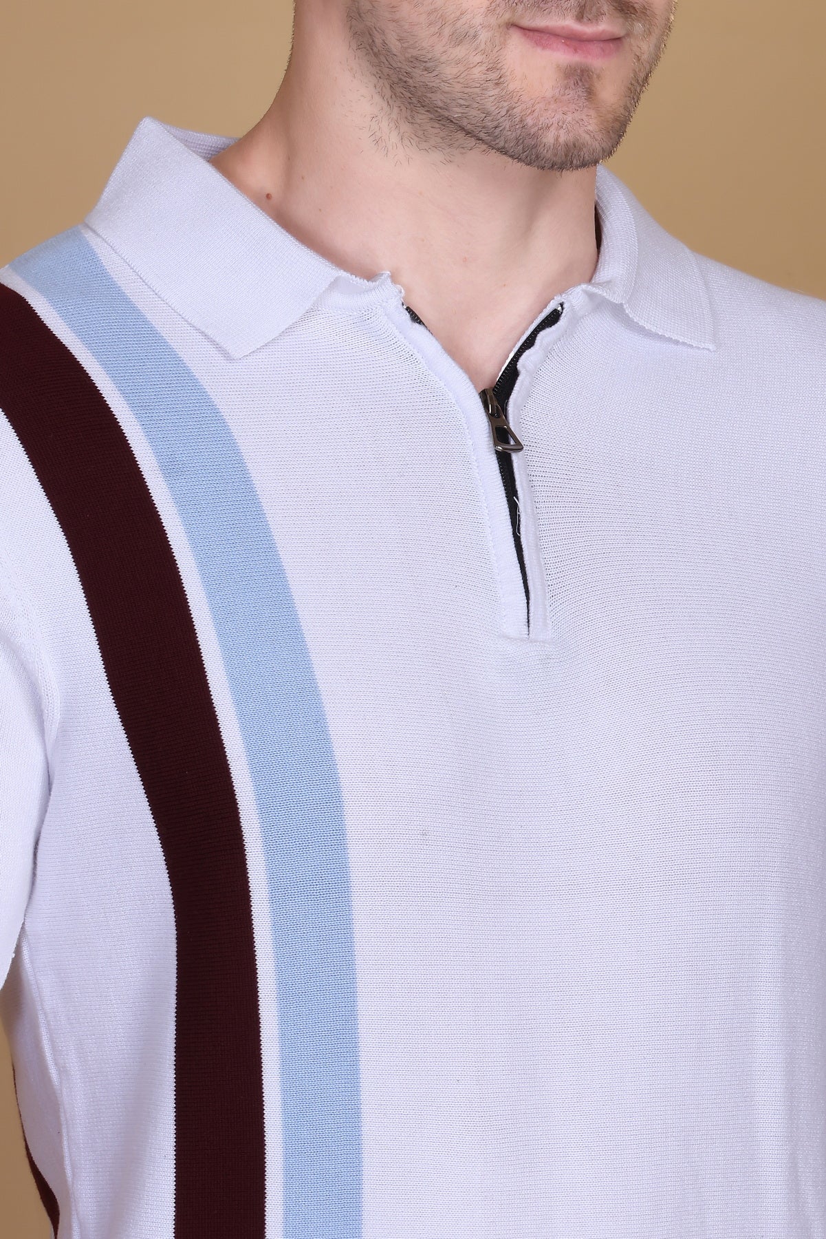Men’s White Knit Polo T-Shirt with Contrast Zip & Side Stripes