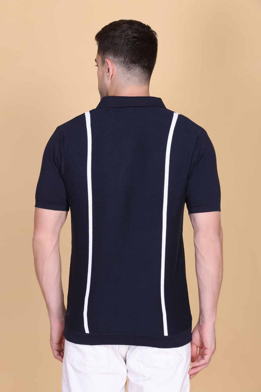 Men's Woolen Knitted Cotton Polo T-Shirt | Half Sleeve Color-Blocked Zipper Tee