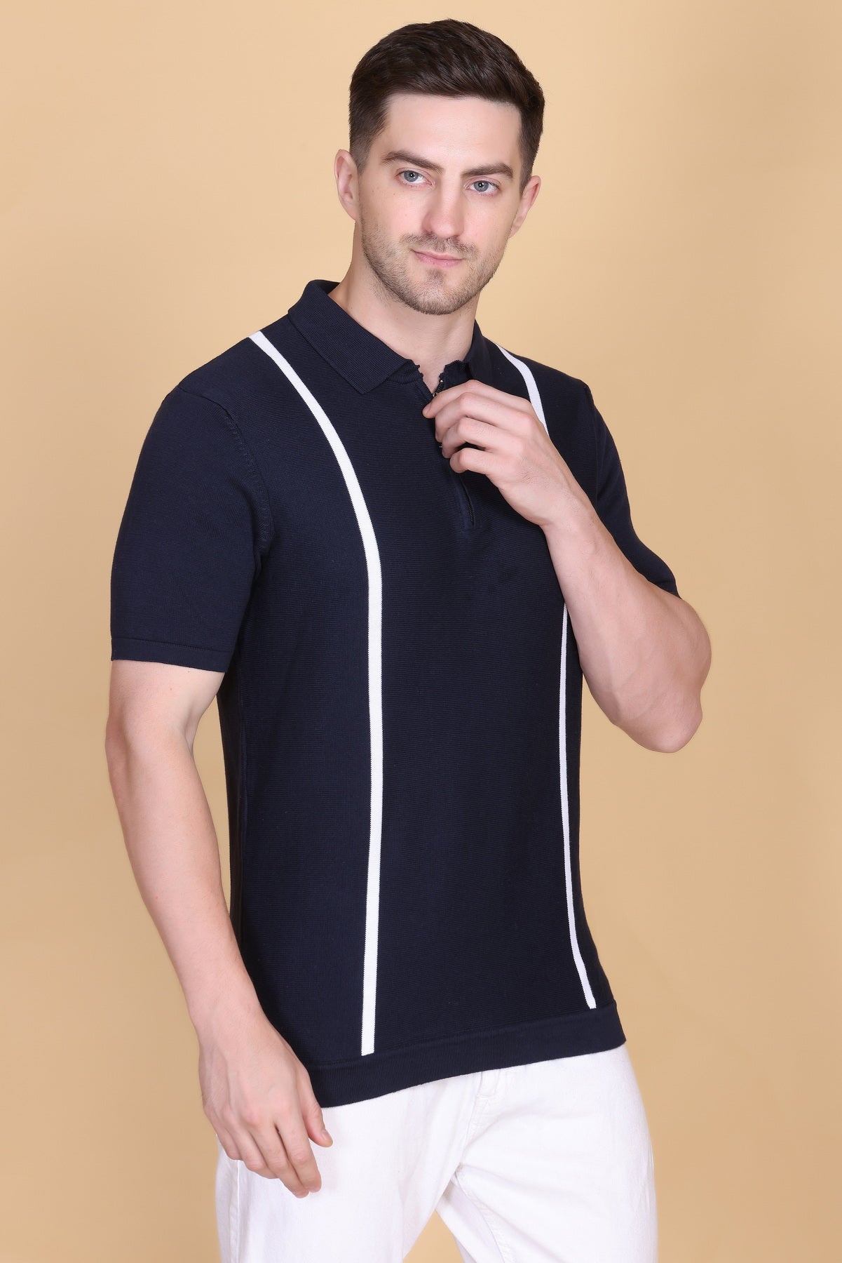 Men's Woolen Knitted Cotton Polo T-Shirt | Half Sleeve Color-Blocked Zipper Tee