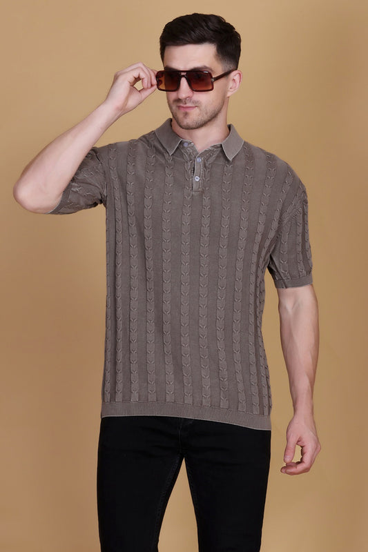 Men's Polo T-Shirt | Faded Black Woolen Knitted Cotton Button Tee