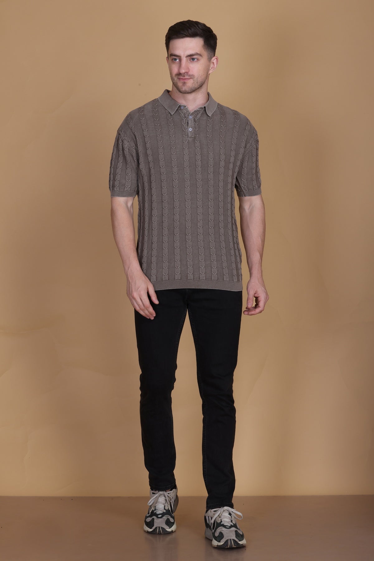 Men's Polo T-Shirt | Faded Black Woolen Knitted Cotton Button Tee