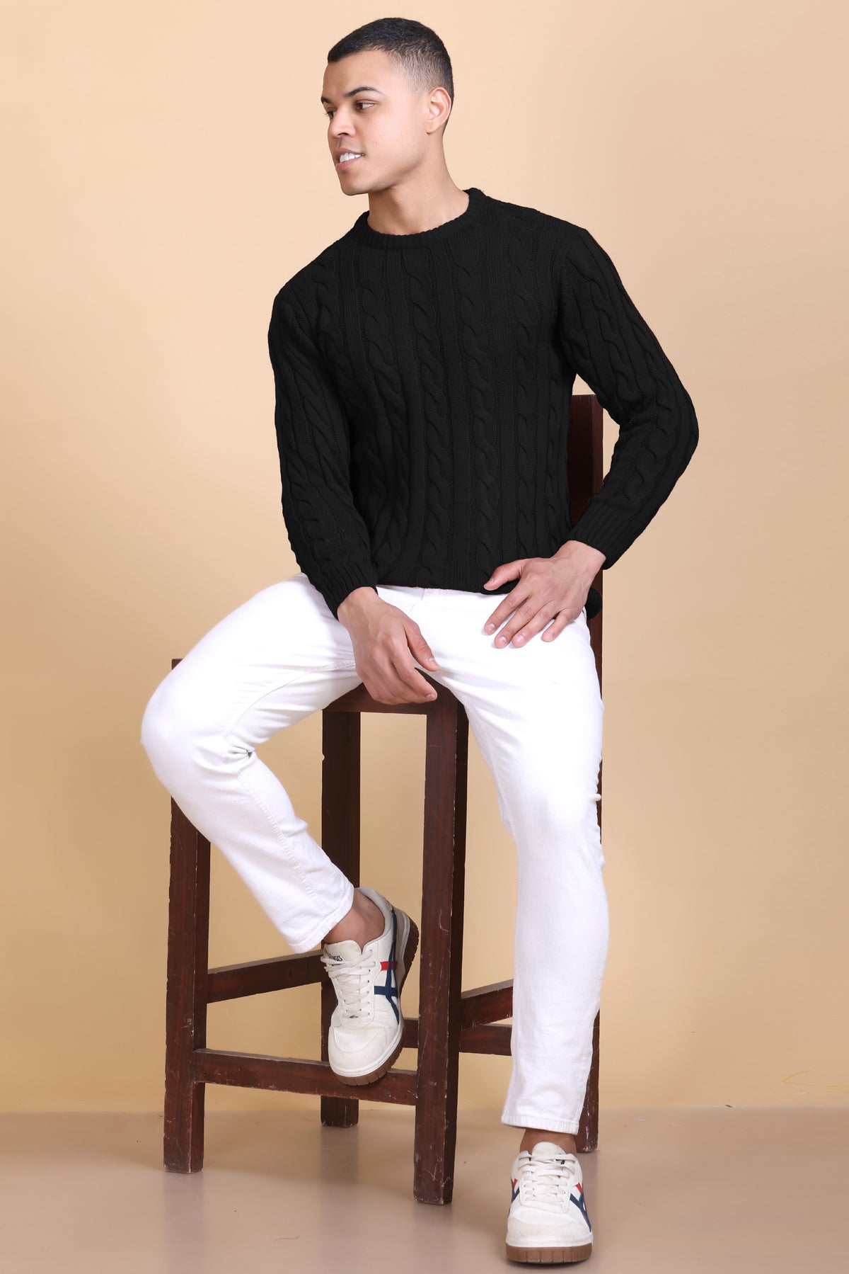 Men Self Design Round Neck Black Sweater