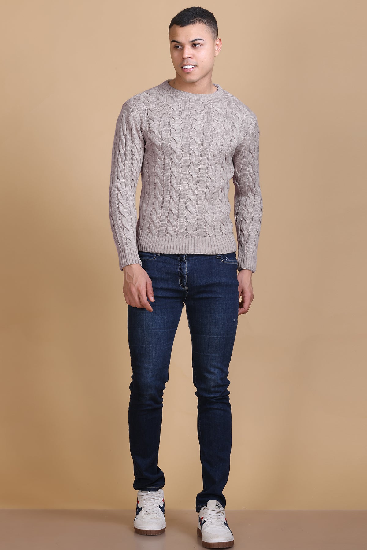 Men Self Design Round Neck Lavender Sweater