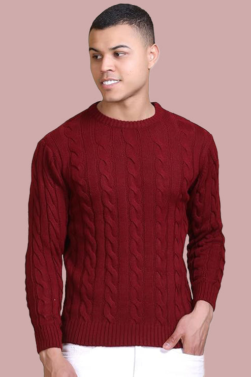Men Self Design Round Neck Maroon Sweater